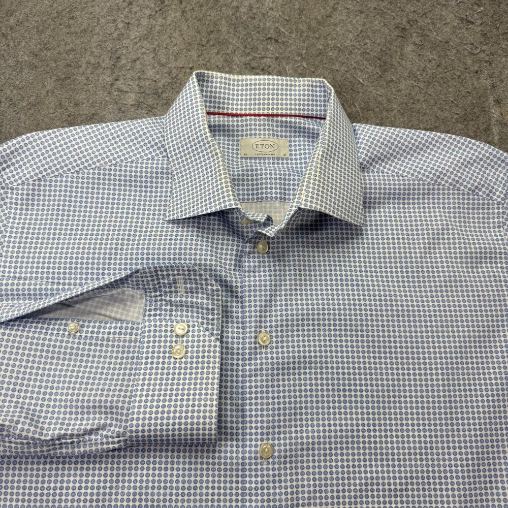 Eton Dress Shirt Men 46 18" Blue White Geometric Long Sleeve Barrel Poplin